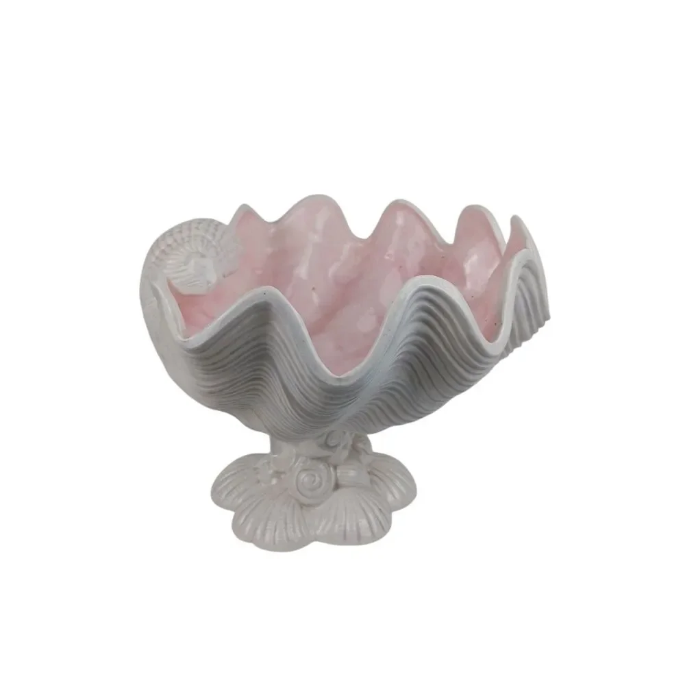 Vtg Large Deco Regency MCM Pink Ceramic Oyster Shell Clamshell Bowl Planter